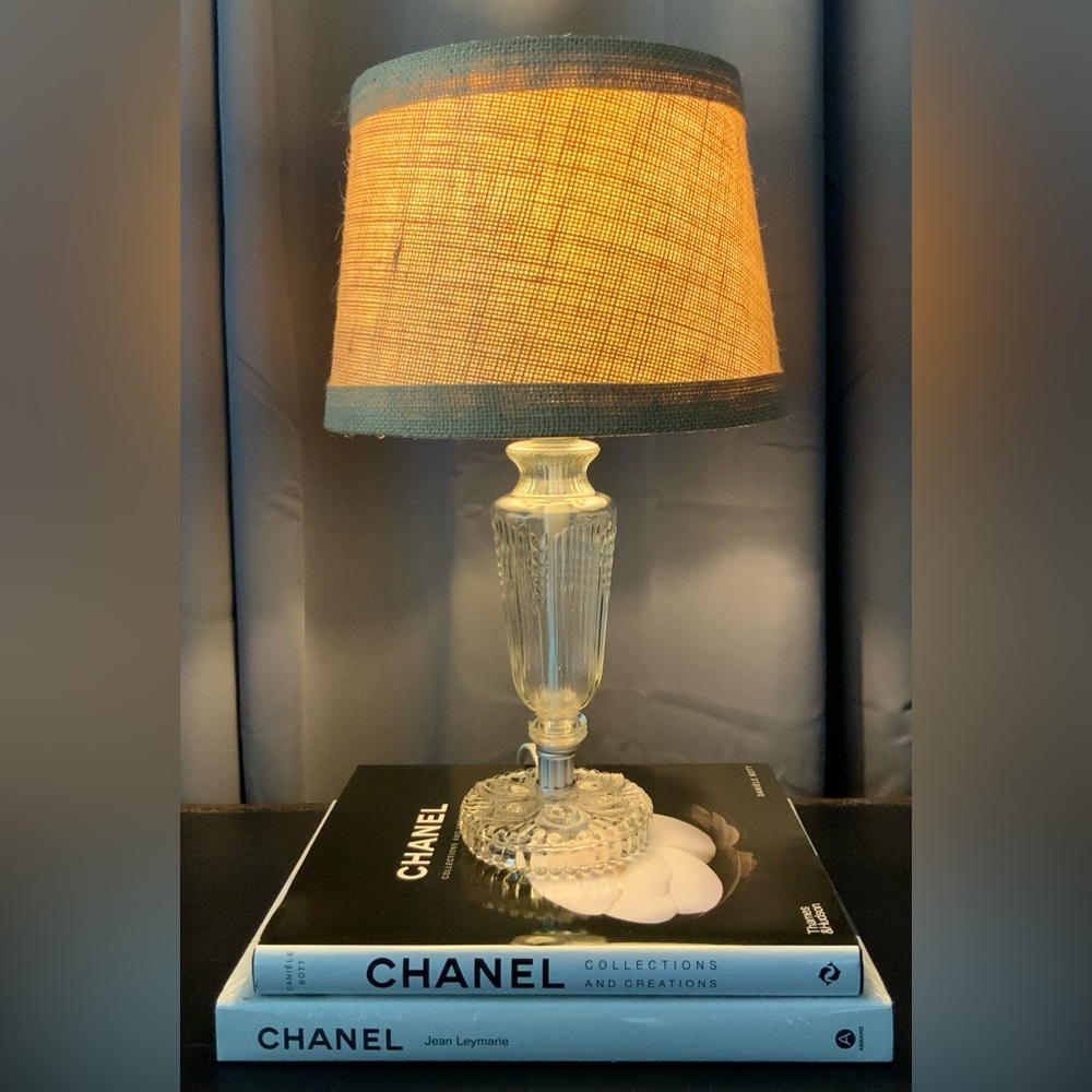 Vintage Clear Cut Glass Vanity Lamp/Burlap Lampshade